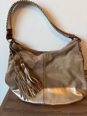 Patricia Nash Tan Suede & Metallic Gold Ombré Hobo with Tassel